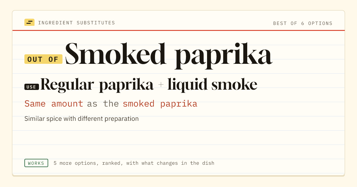 Smoked paprika substitute: use regular paprika + liquid smoke. Same amount as the smoked paprika.