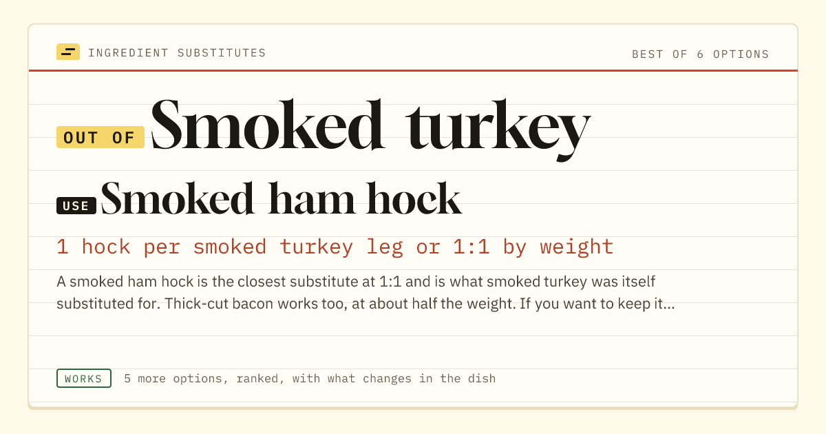 Smoked turkey substitute: use smoked ham hock. 1 hock per smoked turkey leg or 1:1 by weight.