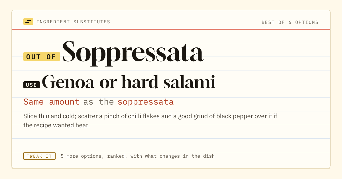 Soppressata substitute: use Genoa or hard salami. Same amount as the soppressata.