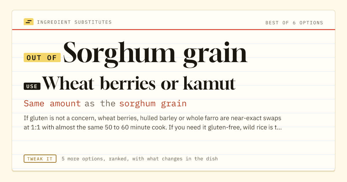 Sorghum grain substitute: use wheat berries or kamut. Same amount as the sorghum grain.