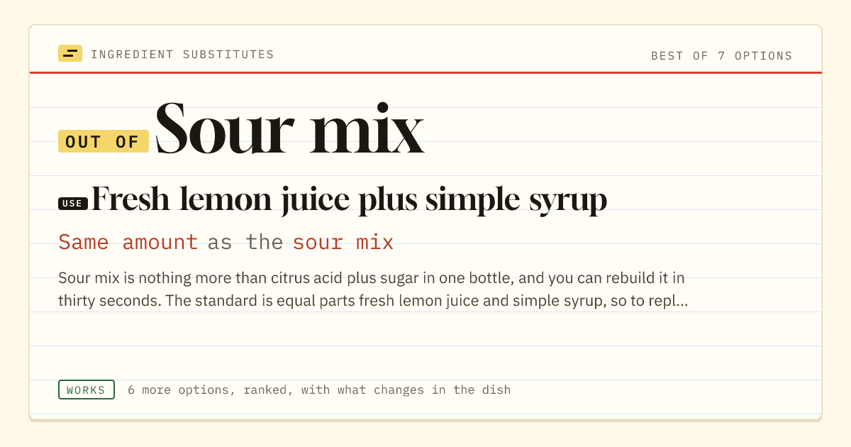 Sour mix substitute: use fresh lemon juice plus simple syrup. Same amount as the sour mix.