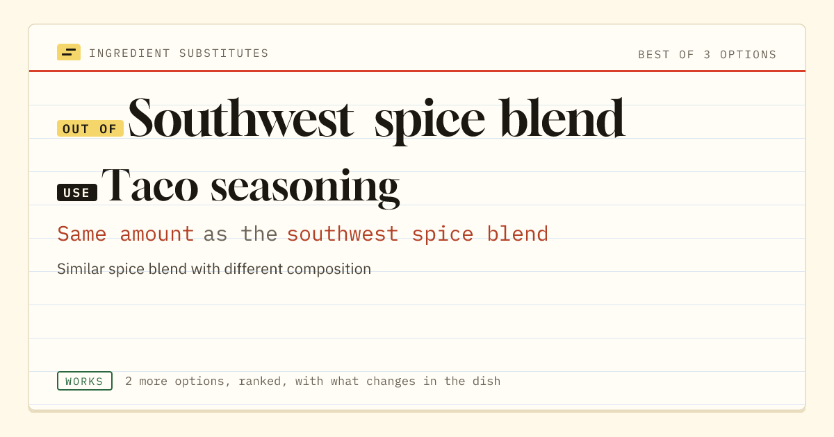 Southwest spice blend substitute: use taco seasoning. Same amount as the southwest spice blend.