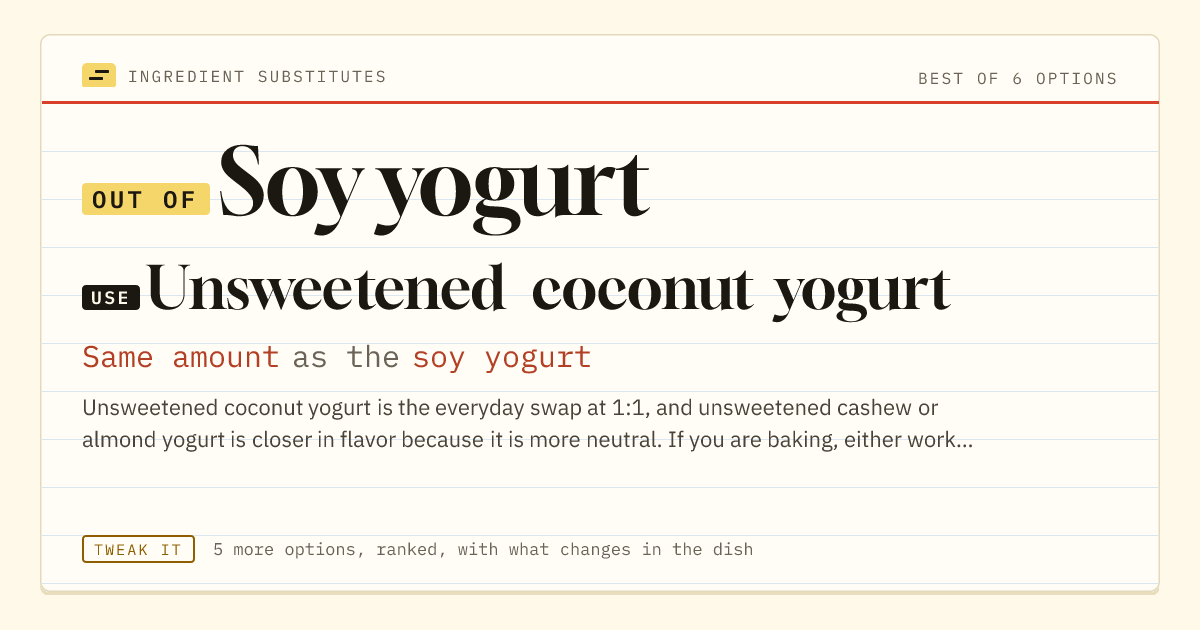 Soy yogurt substitute: use unsweetened coconut yogurt. Same amount as the soy yogurt.
