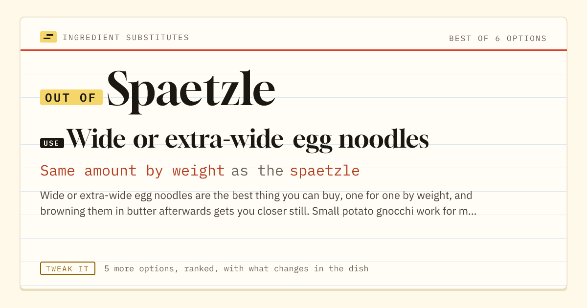 Spaetzle substitute: use wide or extra-wide egg noodles. Same amount by weight as the spaetzle.