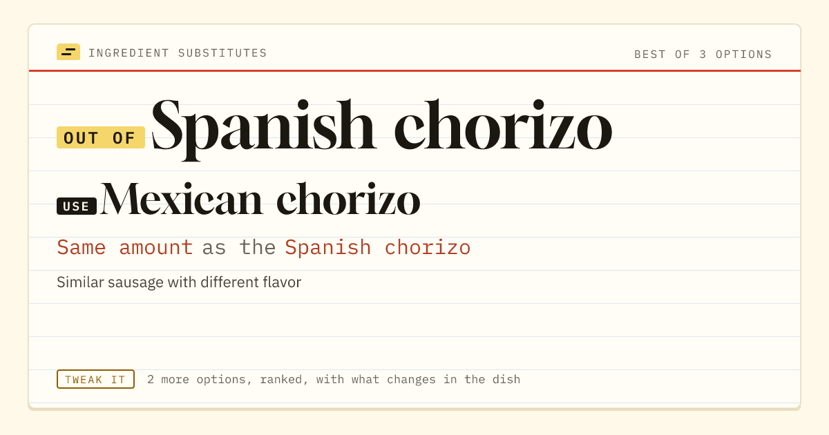 Spanish chorizo substitute: use Mexican chorizo. Same amount as the Spanish chorizo.