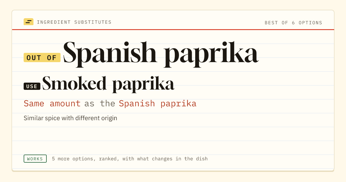 Spanish paprika substitute: use smoked paprika. Same amount as the Spanish paprika.