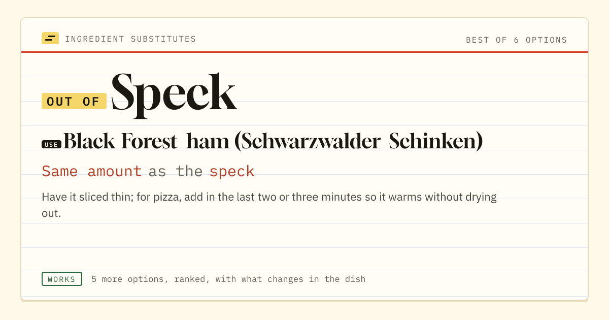 Speck substitute: use Black Forest ham (Schwarzwalder Schinken). Same amount as the speck.