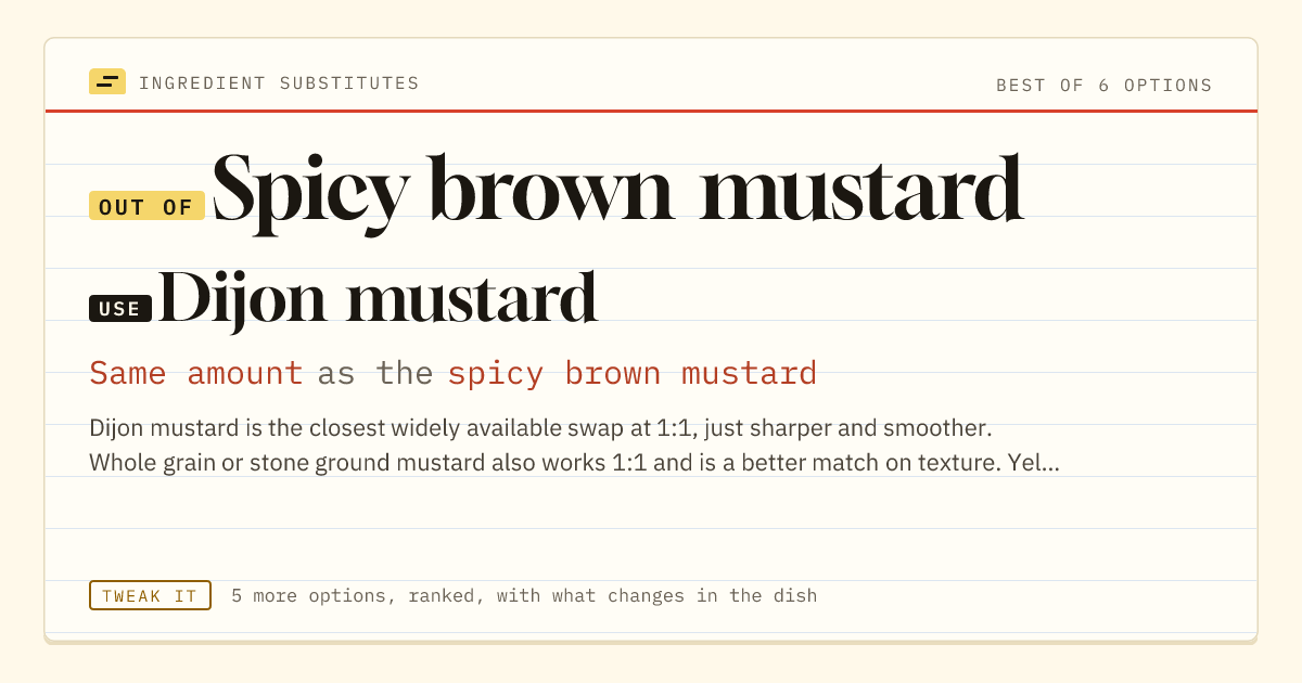 Spicy brown mustard substitute: use Dijon mustard. Same amount as the spicy brown mustard.