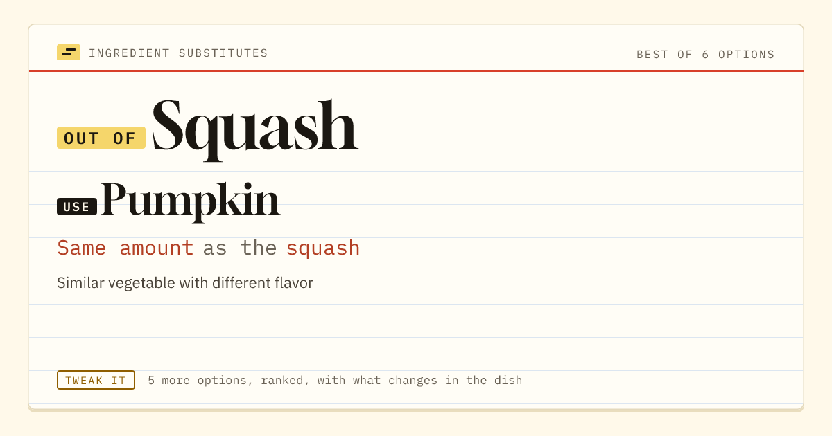 Squash substitute: use pumpkin. Same amount as the squash.