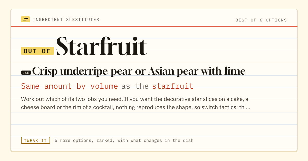 Starfruit substitute: use crisp underripe pear or Asian pear with lime. Same amount by volume as the starfruit.