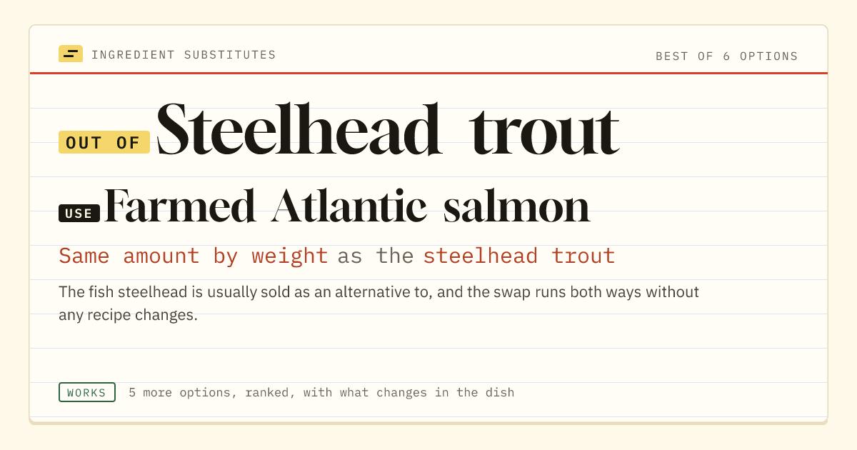 Steelhead trout substitute: use farmed Atlantic salmon. Same amount by weight as the steelhead trout.