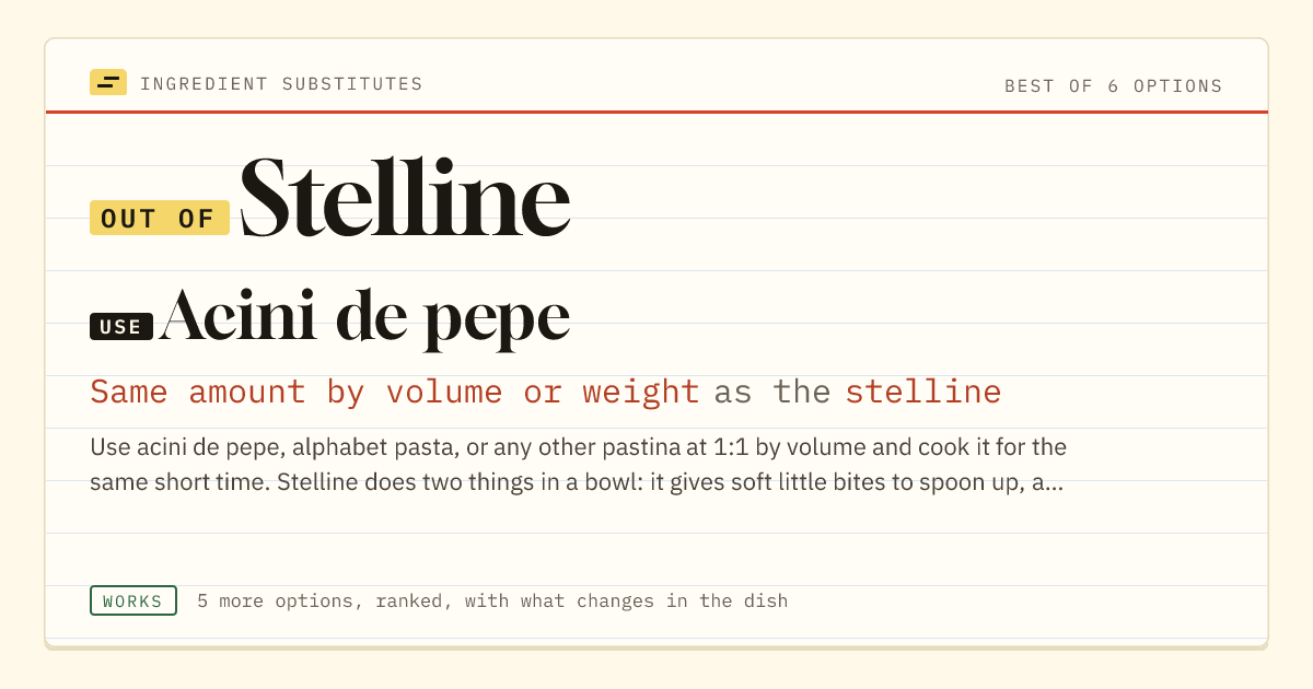 Stelline substitute: use acini de pepe. Same amount by volume or weight as the stelline.