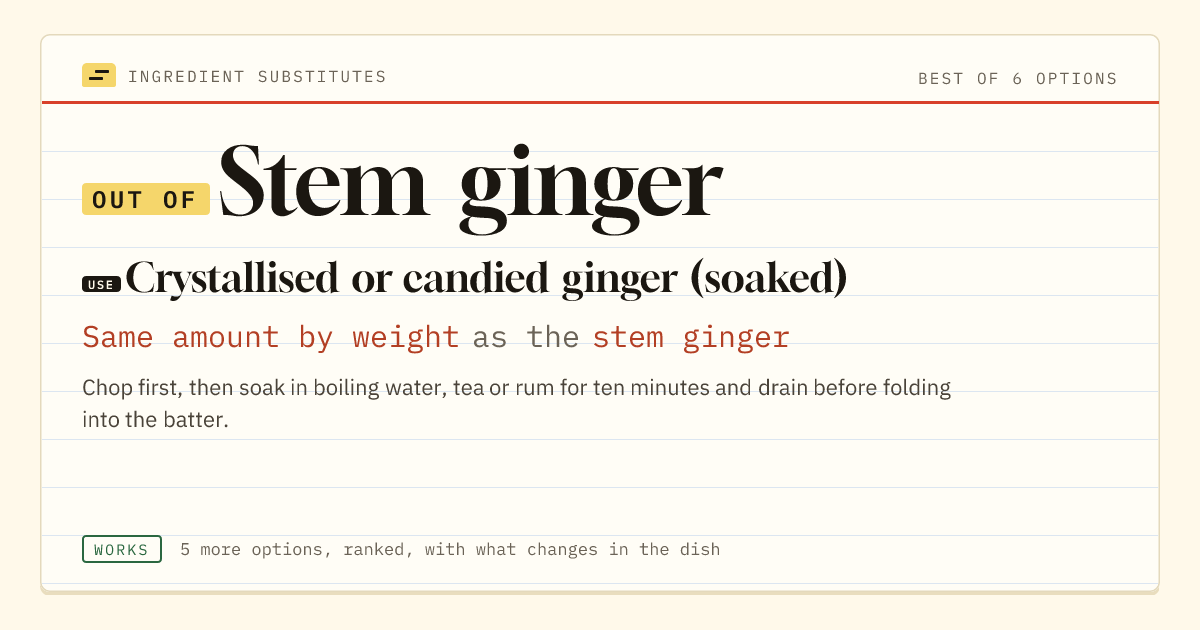 Stem ginger substitute: use crystallised or candied ginger (soaked). Same amount by weight as the stem ginger.