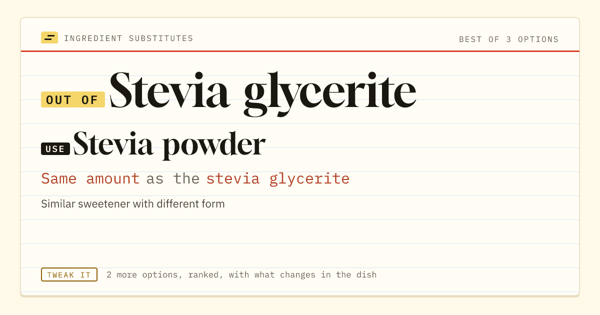 Stevia glycerite substitute: use stevia powder. Same amount as the stevia glycerite.