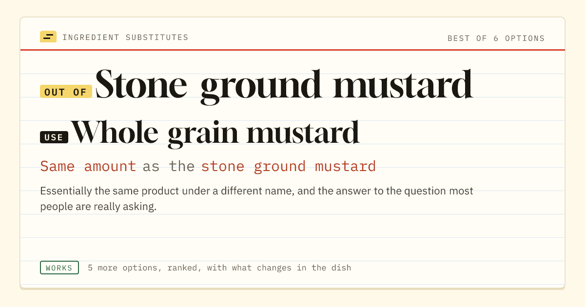 Stone ground mustard substitute: use whole grain mustard. Same amount as the stone ground mustard.