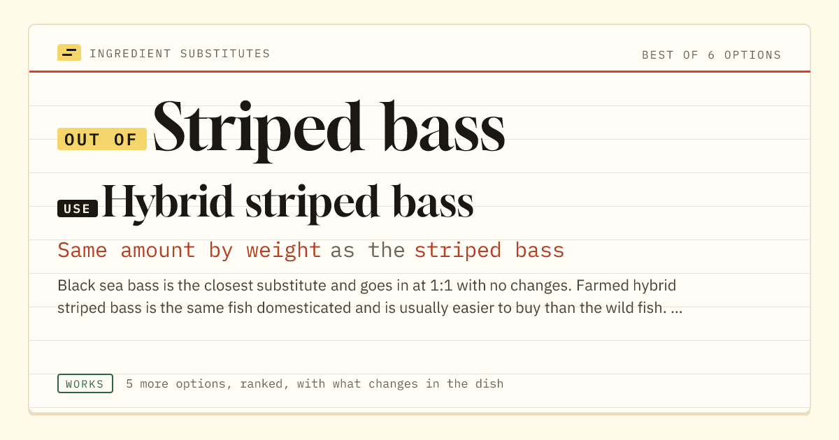 Striped bass substitute: use hybrid striped bass. Same amount by weight as the striped bass.