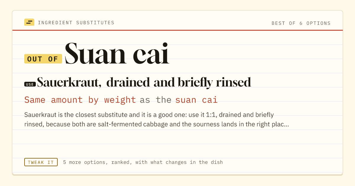 Suan cai substitute: use sauerkraut, drained and briefly rinsed. Same amount by weight as the suan cai.