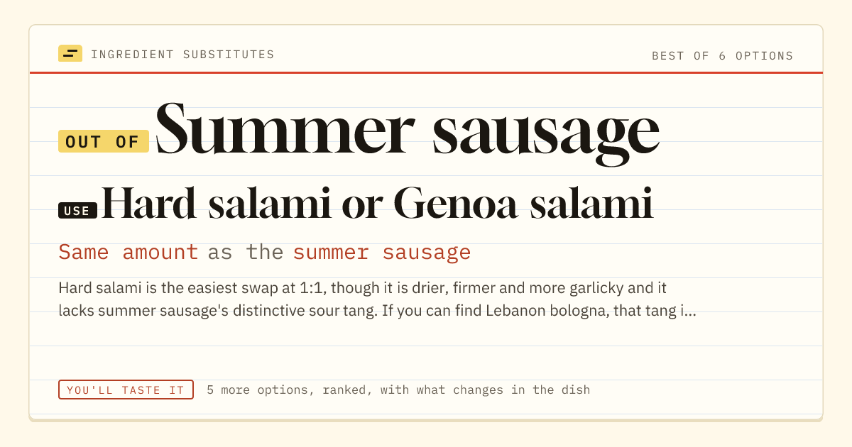 Summer sausage substitute: use hard salami or Genoa salami. Same amount as the summer sausage.