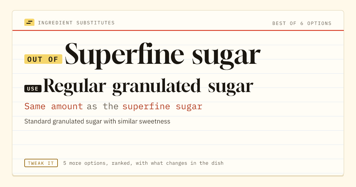 Superfine sugar substitute: use regular granulated sugar. Same amount as the superfine sugar.