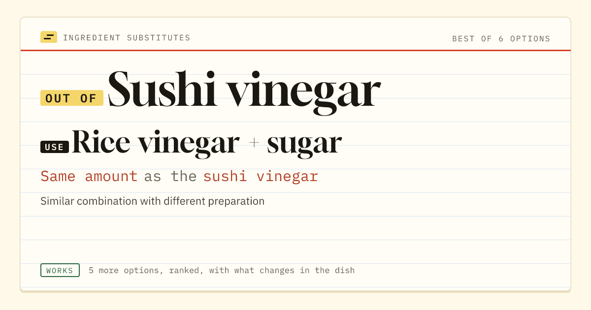 Sushi vinegar substitute: use rice vinegar + sugar. Same amount as the sushi vinegar.