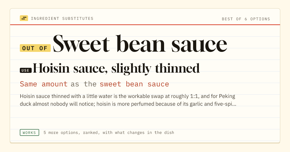 Sweet bean sauce substitute: use hoisin sauce, slightly thinned. Same amount as the sweet bean sauce.