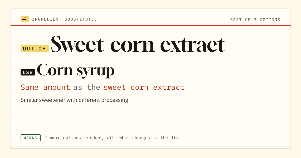 Sweet corn extract substitute: use corn syrup. Same amount as the sweet corn extract.
