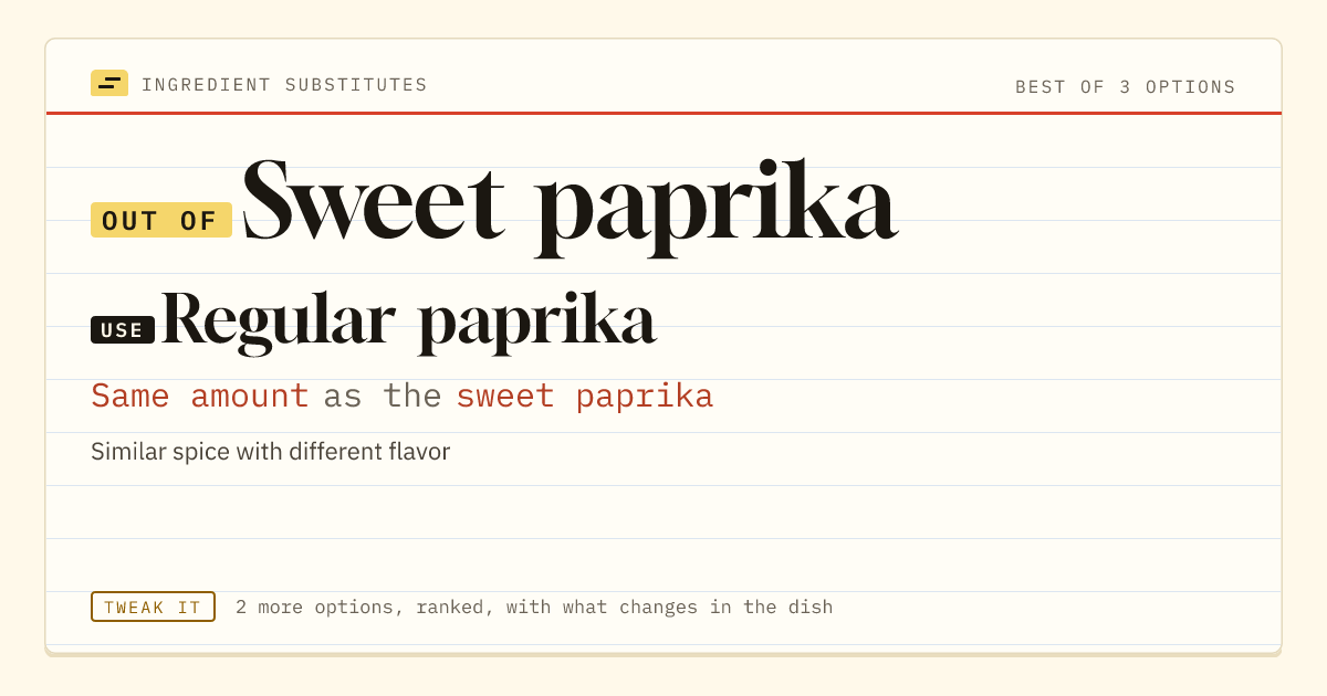 Sweet paprika substitute: use regular paprika. Same amount as the sweet paprika.