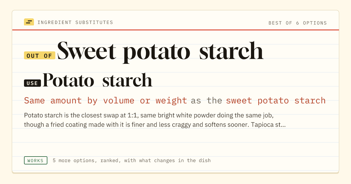 Sweet potato starch substitute: use potato starch. Same amount by volume or weight as the sweet potato starch.