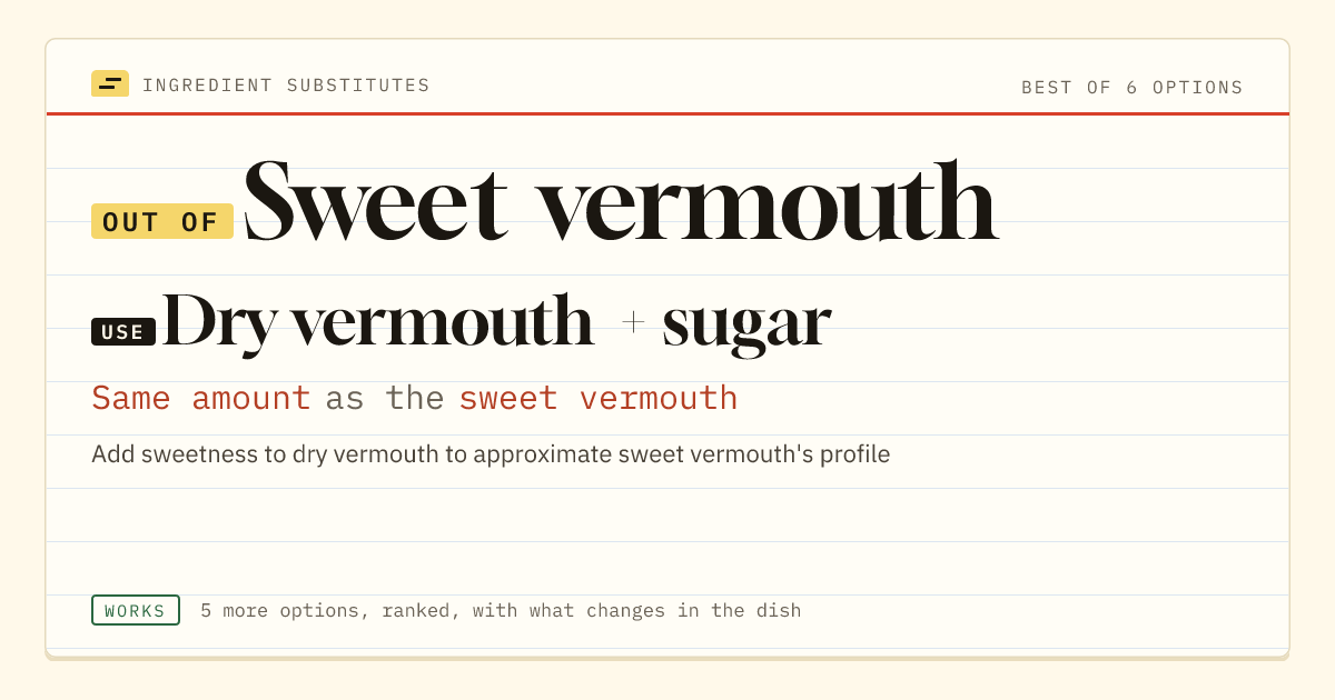 Sweet vermouth substitute: use dry vermouth + sugar. Same amount as the sweet vermouth.