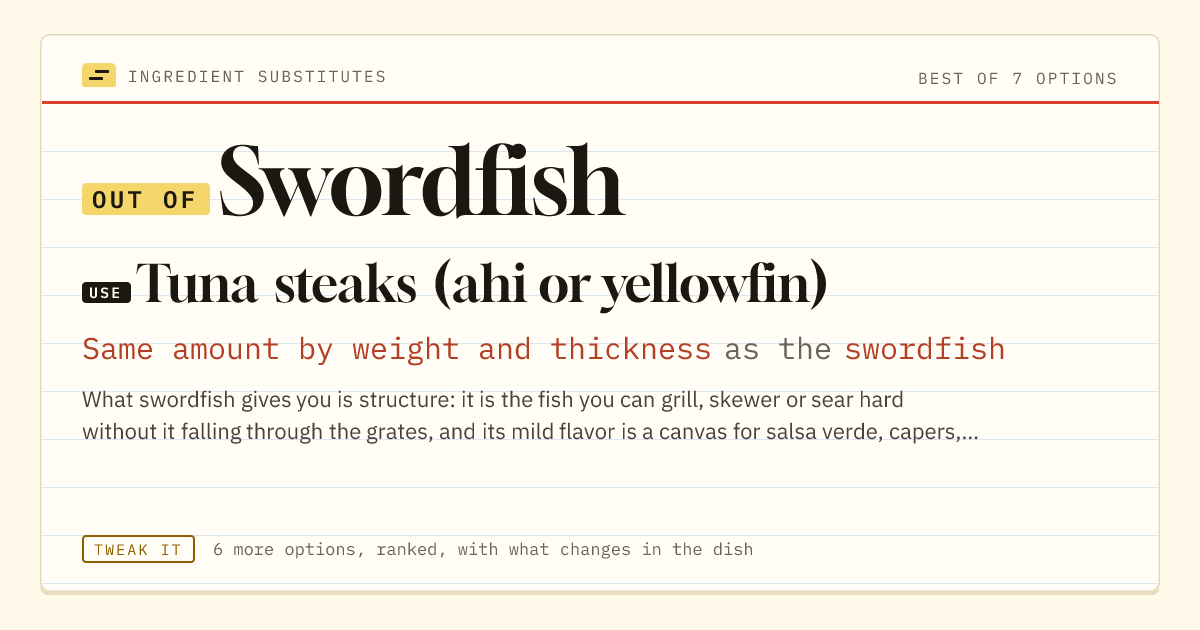 Swordfish substitute: use tuna steaks (ahi or yellowfin). Same amount by weight and thickness as the swordfish.