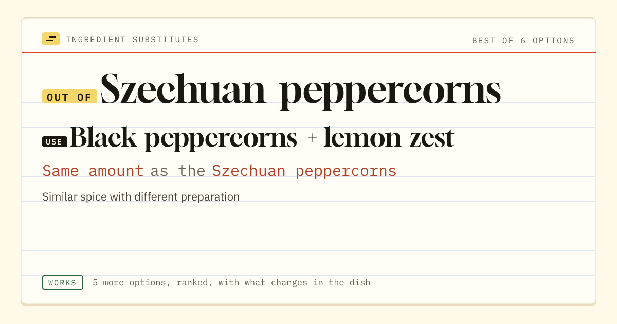 Szechuan peppercorns substitute: use black peppercorns + lemon zest. Same amount as the Szechuan peppercorns.