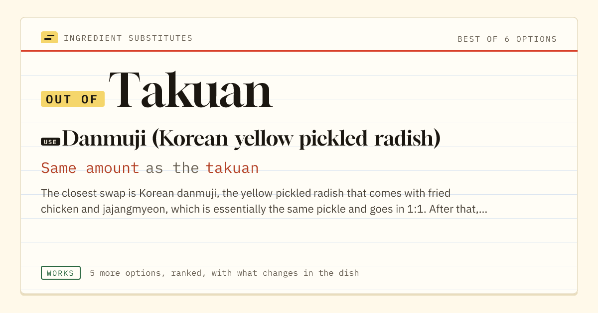 Takuan substitute: use danmuji (Korean yellow pickled radish). Same amount as the takuan.