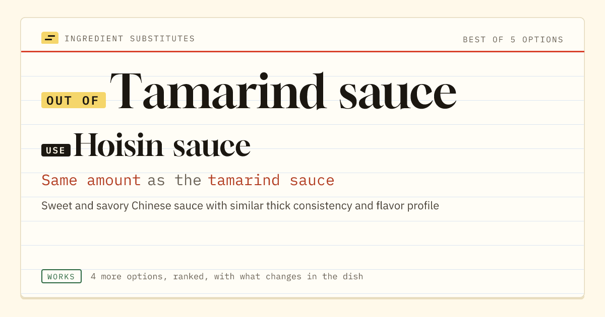 Tamarind sauce substitute: use hoisin sauce. Same amount as the tamarind sauce.