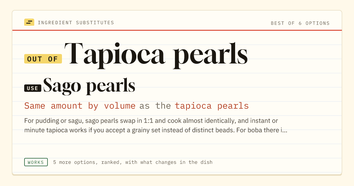 Tapioca pearls substitute: use sago pearls. Same amount by volume as the tapioca pearls.