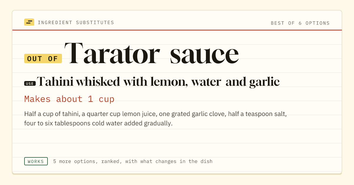 Tarator sauce substitute: use tahini whisked with lemon, water and garlic. Makes about 1 cup.