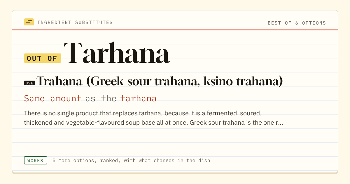 Tarhana substitute: use trahana (Greek sour trahana, ksino trahana). Same amount as the tarhana.