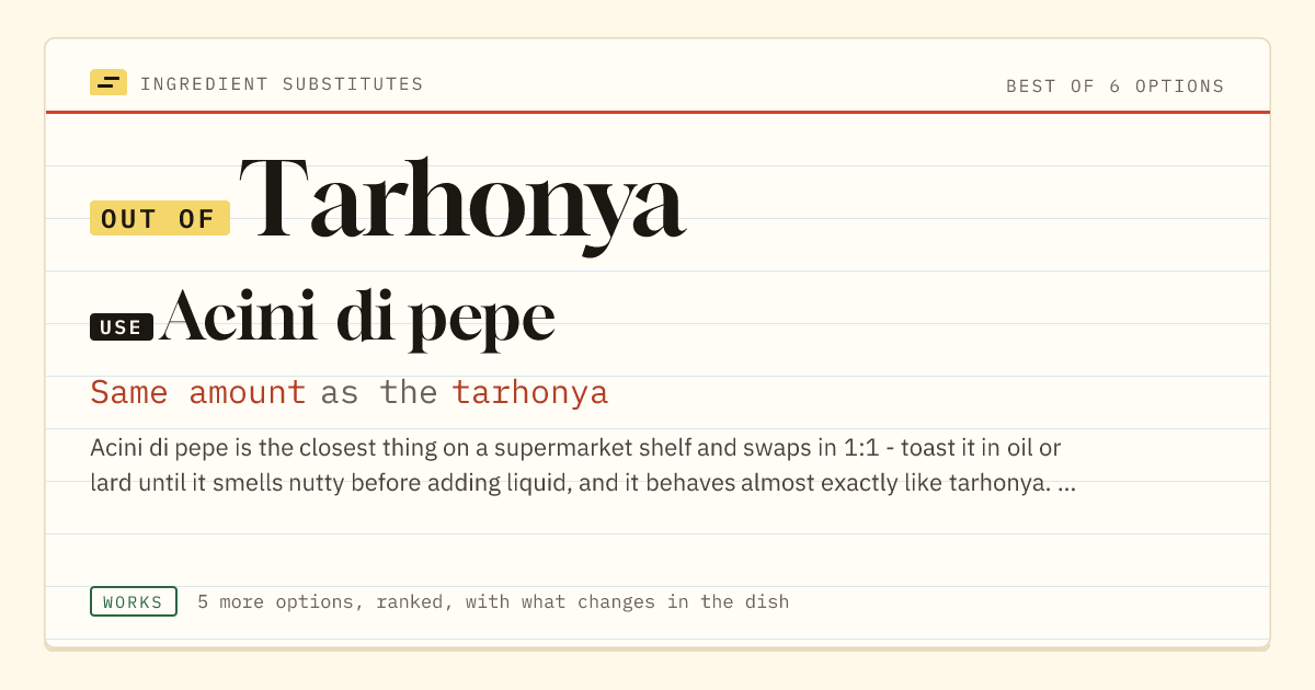 Tarhonya substitute: use acini di pepe. Same amount as the tarhonya.