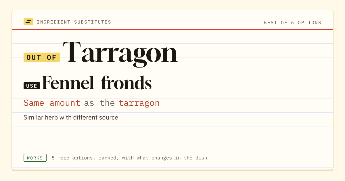 Tarragon substitute: use fennel fronds. Same amount as the tarragon.