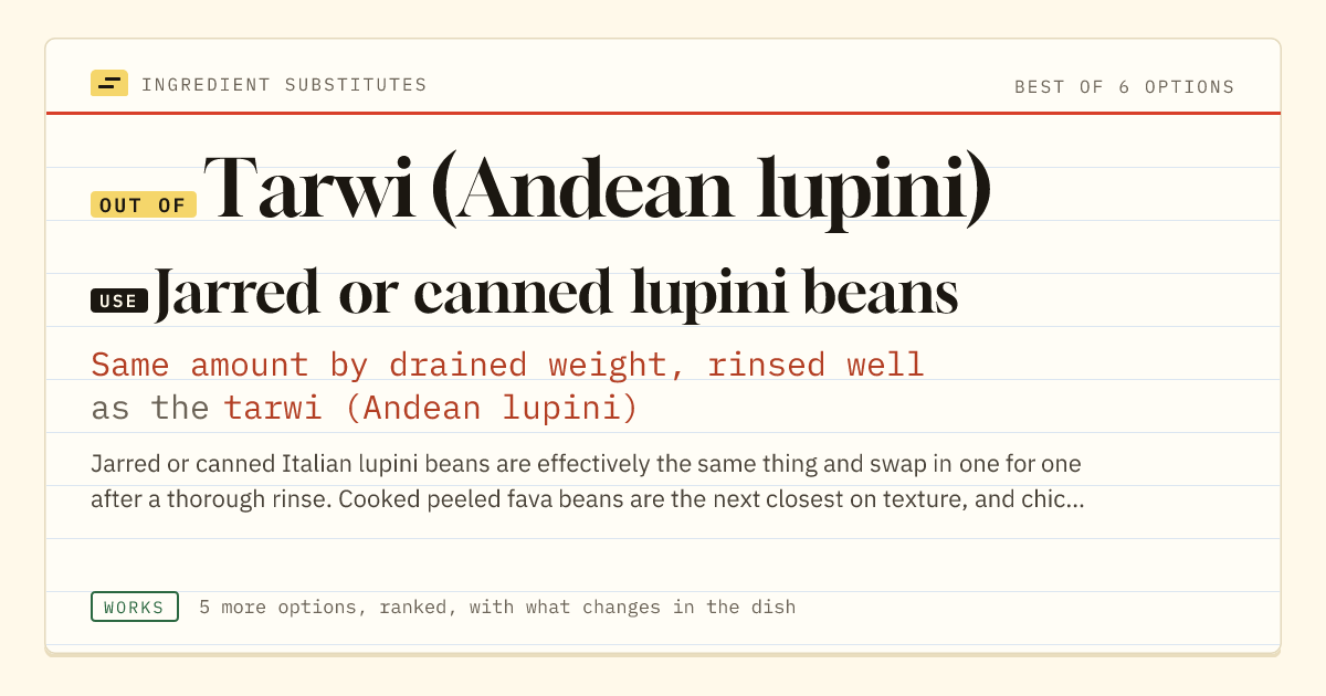 Tarwi (Andean lupini) substitute: use jarred or canned lupini beans. Same amount by drained weight, rinsed well as the tarwi (Andean lupini).