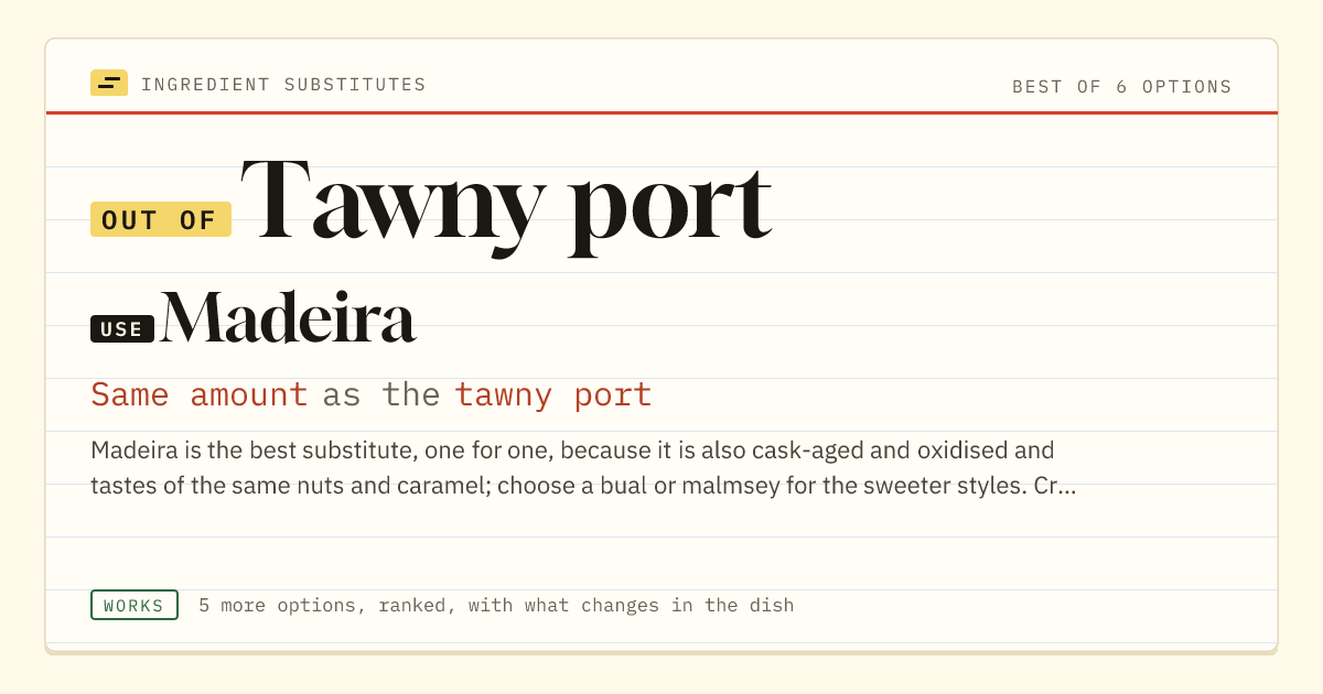 Tawny port substitute: use Madeira. Same amount as the tawny port.