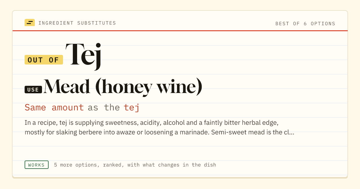 Tej substitute: use mead (honey wine). Same amount as the tej.