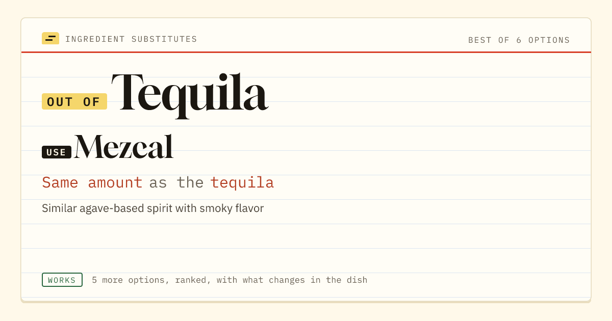 Tequila substitute: use mezcal. Same amount as the tequila.