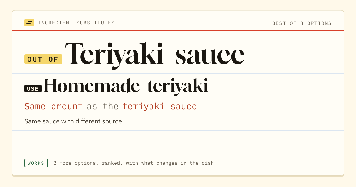 Teriyaki sauce substitute: use homemade teriyaki. Same amount as the teriyaki sauce.