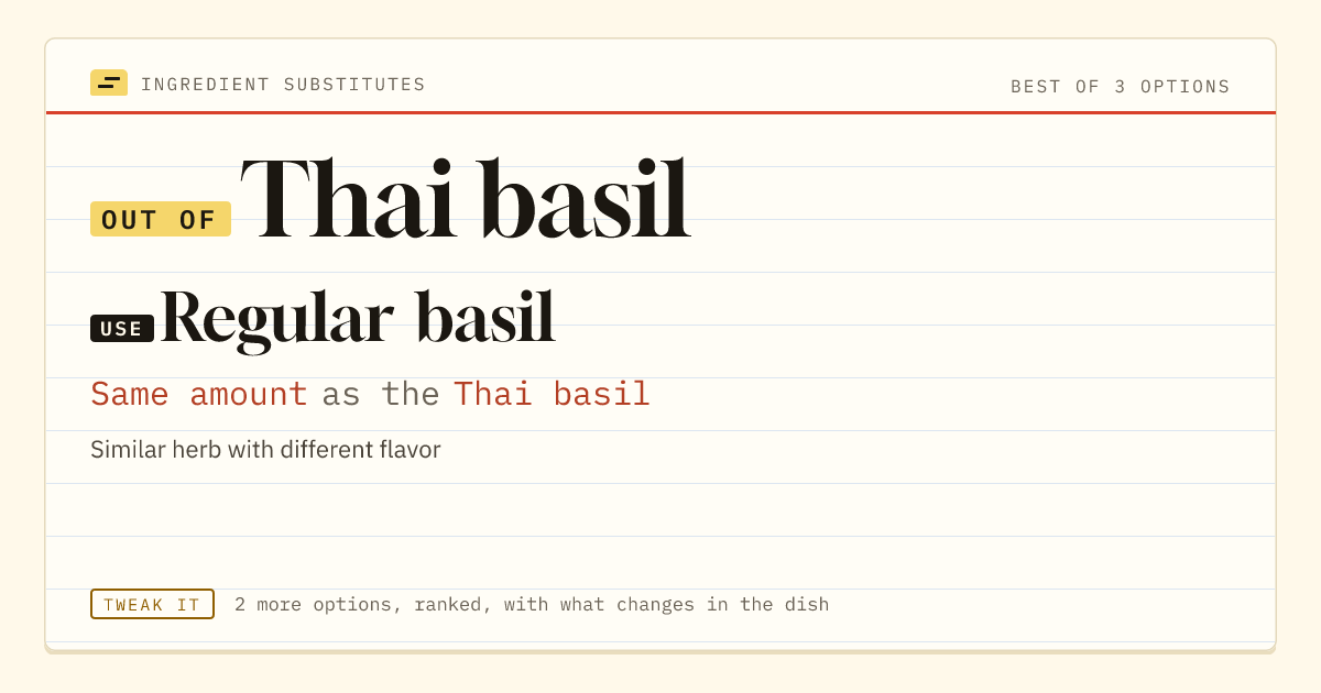 Thai basil substitute: use regular basil. Same amount as the Thai basil.
