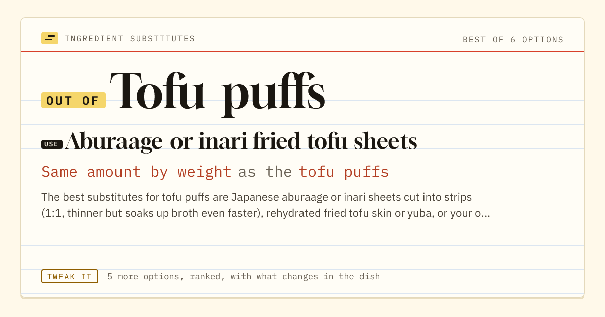 Tofu puffs substitute: use aburaage or inari fried tofu sheets. Same amount by weight as the tofu puffs.