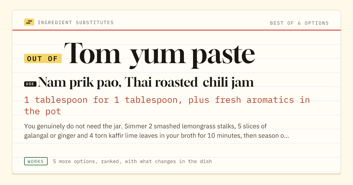 Tom yum paste substitute: use nam prik pao, Thai roasted chili jam. 1 tablespoon for 1 tablespoon, plus fresh aromatics in the pot.