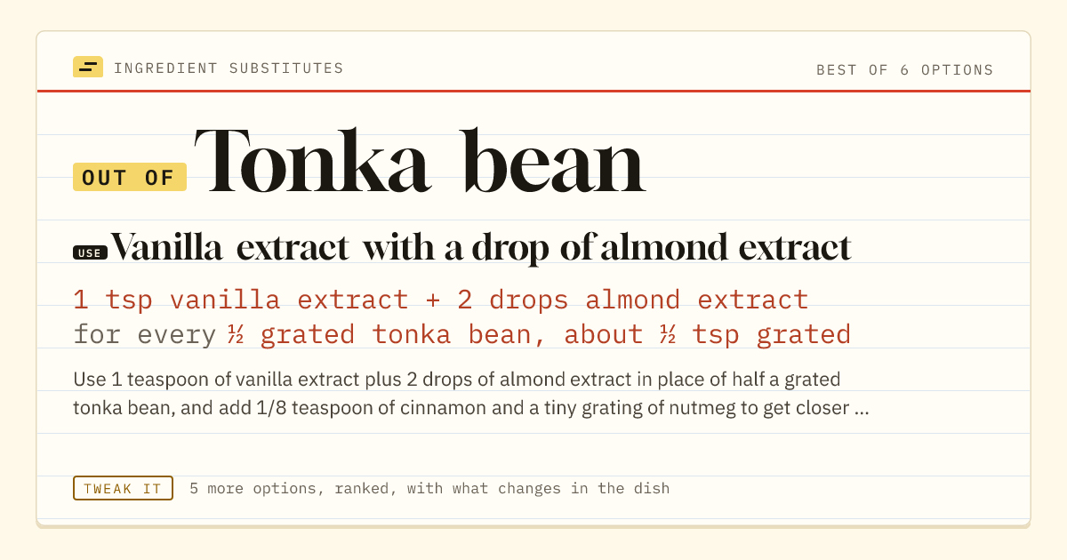 Tonka bean substitute: use vanilla extract with a drop of almond extract. 1 tsp vanilla extract + 2 drops almond extract for every ½ grated tonka bean, about ½ tsp grated.