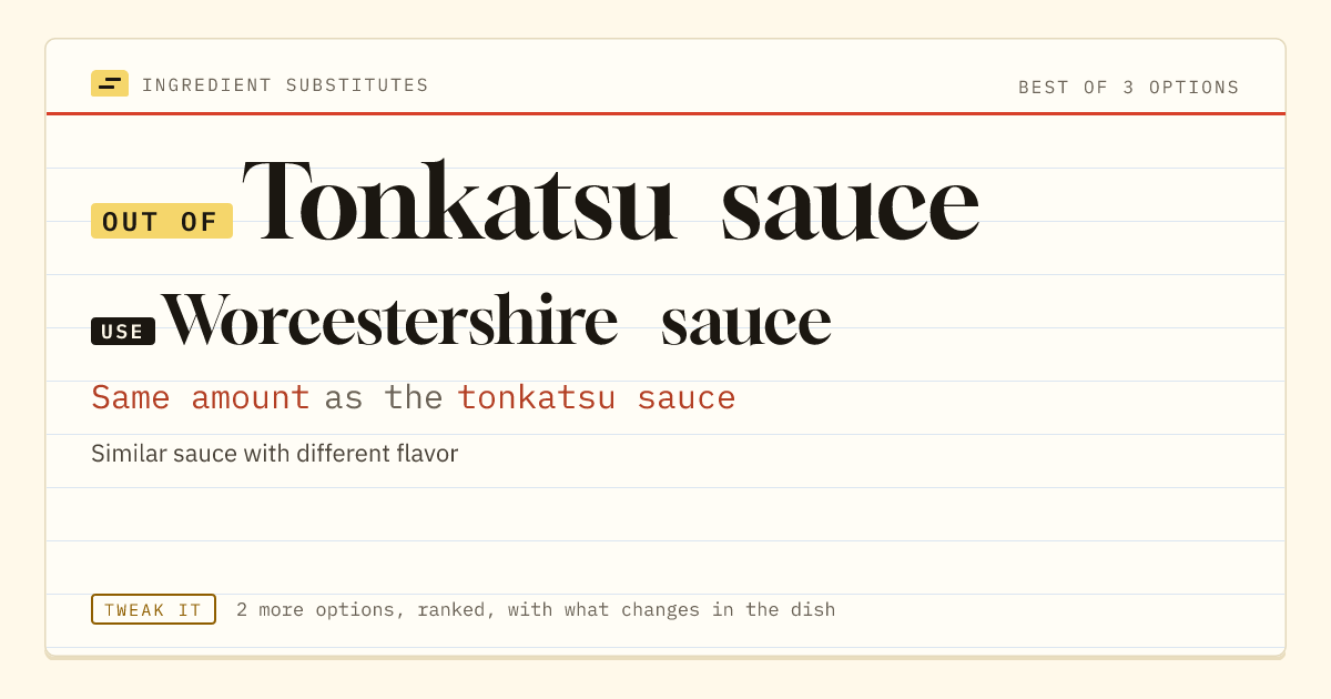 Tonkatsu sauce substitute: use Worcestershire sauce. Same amount as the tonkatsu sauce.