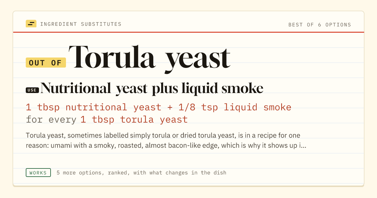 Torula yeast substitute: use nutritional yeast plus liquid smoke. 1 tbsp nutritional yeast + 1/8 tsp liquid smoke for every 1 tbsp torula yeast.
