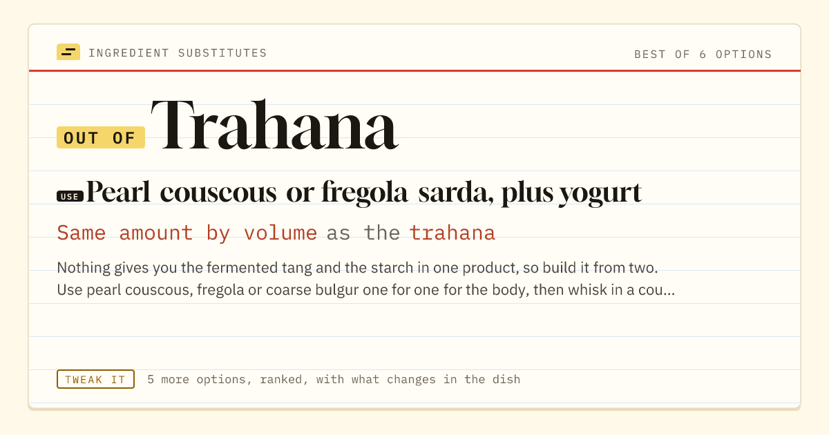 Trahana substitute: use pearl couscous or fregola sarda, plus yogurt. Same amount by volume as the trahana.